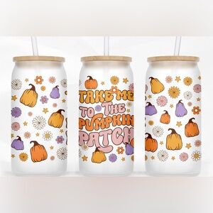 NWOT Pumpkin Patch Colorful Party 16oz Tumbler Bamboo Glass Straw Fall